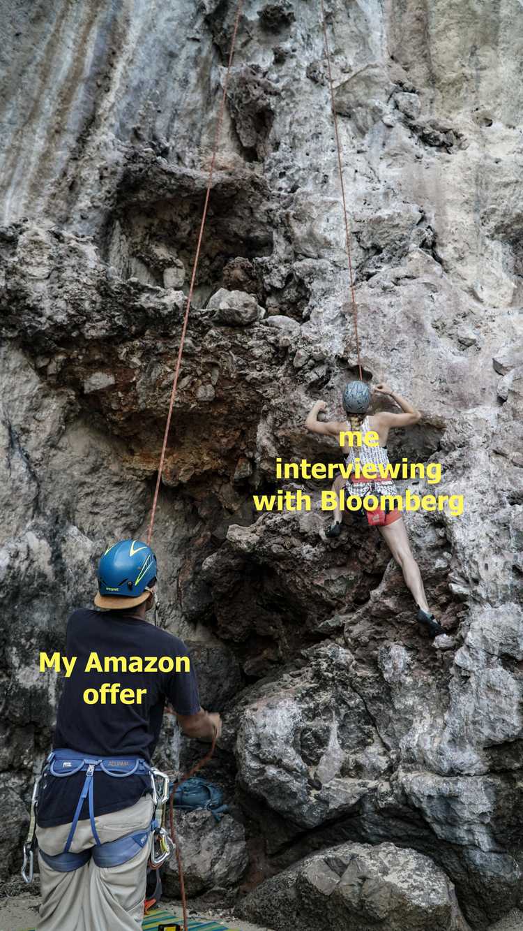 Meme expressing how my Amazon offer would make me feel okay even if I failed my Bloomberg interviews